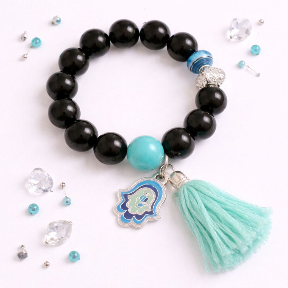 Spring Street Black and Turquoise Beaded Hamsa Stretch Bracelet